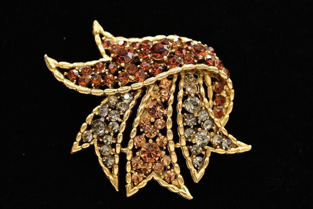 Vintage Crystal Leaf Pin Brooch Gold Gray Amber Chocolate Rhinestone 1980s Bin4